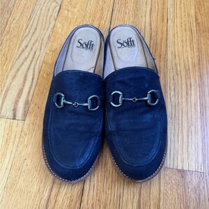 Sofft Navy Blue Suede Mules with Horsebit Detail